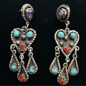 sterling silver Turquoise Santo Domingo Mexico Chandelier heart earrings
